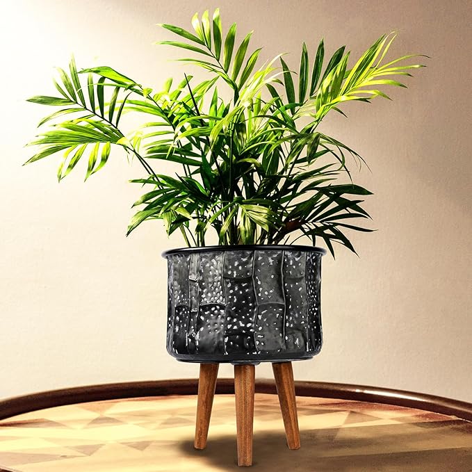 Harvest Land Plant Pots with Stand, Set of 2 Large Modern Planters Metal Tall Handmade Flower Pots with Drainage Holes Indoor Outdoor,Grey