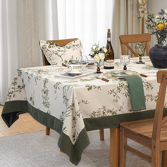 French Jacquard Rectangle Tablecloth, Wrinkle Free Green Table Cloth with Vintage Edge, Floral Outdoor Table Cover for Dining, Farmhouse, Wedding - 60''x108''