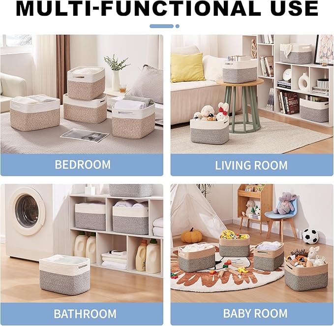 OIAHOMY 4 Pack Storage Baskets for Organizing, Basket for Shelves with Handle, Woven Baskets for Storage Toys, Towels, Books, Cotton Rope Basket 13" L x 9 " W x 7.8 " H, Grey & White