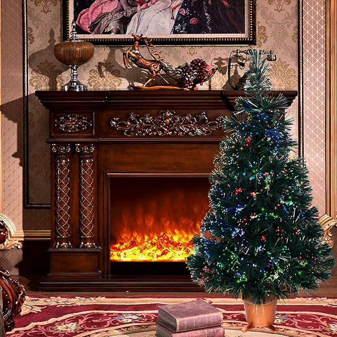 32 inch Green Pre-lit Small Fiber Optic Christmas Tabletop Tree with Gold Pot and Adaptor