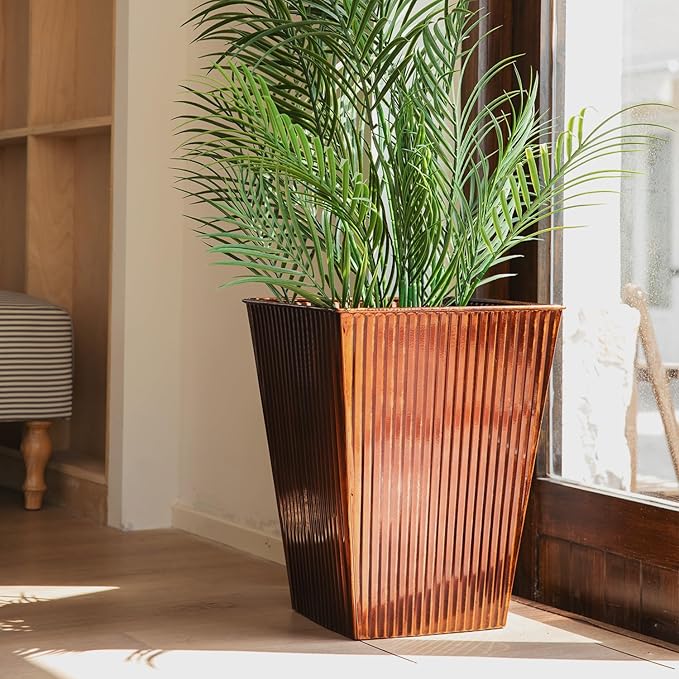 18in Vintage Handmade Metal Vertical Lines Copper Tapered Planters Set of 2, Galvanized Steel Planter Box with Drainage Hole for Indoor/Outdoor/Porch/Garden