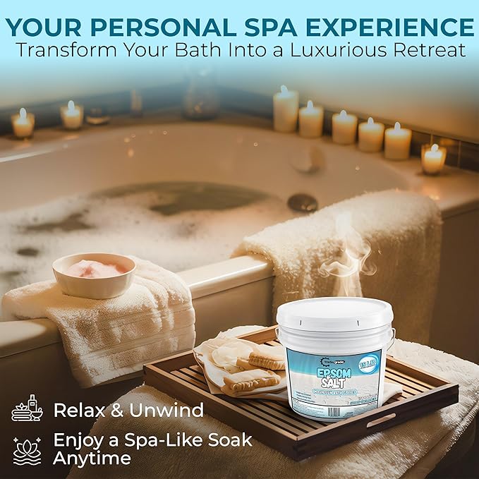 Epsom Salt Bath Soak 15 lb Bucket – Unscented, Pure Epsom Salt Bulk Crystals, Magnesium Sulfate for Full Body or Foot Soaks, Resealable Container with Scoop for Home Bath Use