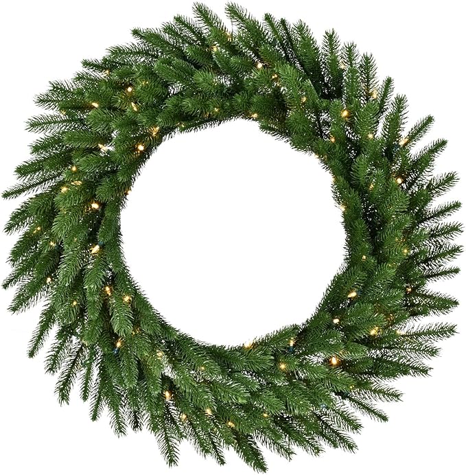 Fraser Hill Farm 36-in. Green Fir Wreath Warm White LED Lights | Battery Operated | Festive Christmas Holiday Decorations | Indoor Hanging Decor for Doors, Fireplace Mantels | FFGF036WR-5GR