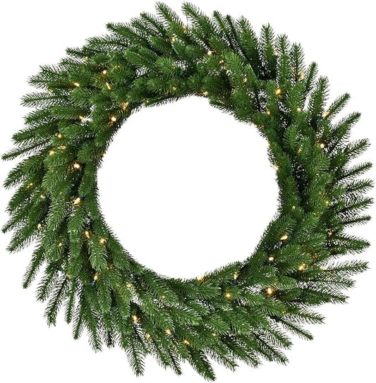 Fraser Hill Farm 36-in. Green Fir Wreath Warm White LED Lights | Battery Operated | Festive Christmas Holiday Decorations | Indoor Hanging Decor for Doors, Fireplace Mantels | FFGF036WR-5GR