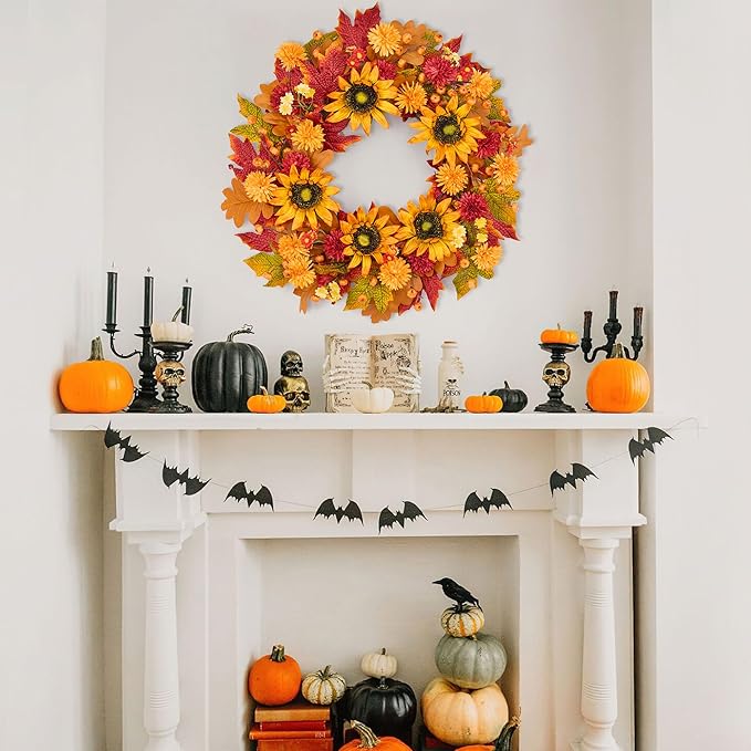 GENMOUS 24 Inch Fall Wreaths for Front Door, with Mini Pumpkin Skewers- Sunflower Wreath, Autumn Fall Decor Maple Leaf Daisy Thanksgiving Halloween Home Party Fall Decoration Indoor Oudoor