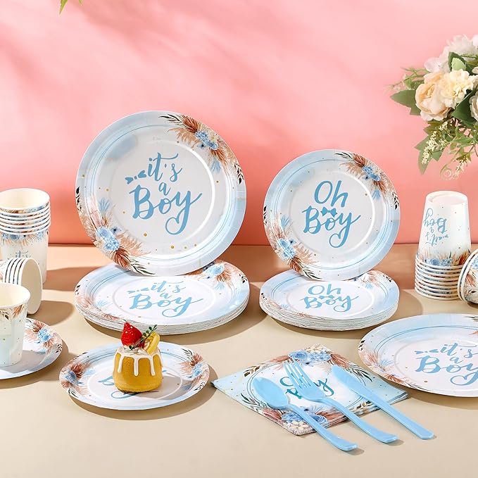 168 Pcs Baby Boy Shower Decorations, Its A Boy Baby Shower Decorations, Blue Baby Shower Plates and Cups and Napkins Sets Serves 24, Boho Fall Oh Baby