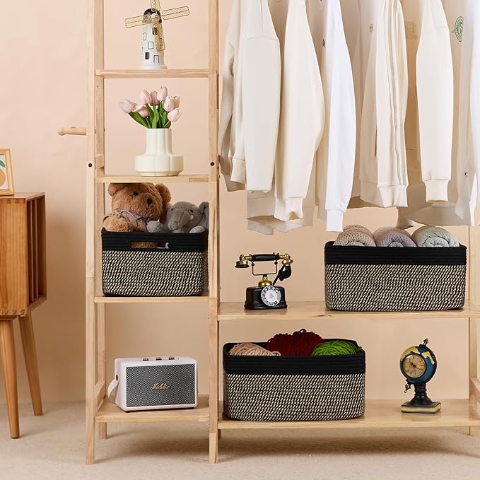 Large Storage Baskets for Shelves, Closet Organizers Bins for Clothes Blanket Towels, Baby Nursery, Toy Baskets Box, Woven Rope Baskets, 17 x 13 x 7.5”, 3 Packs Woven Brown