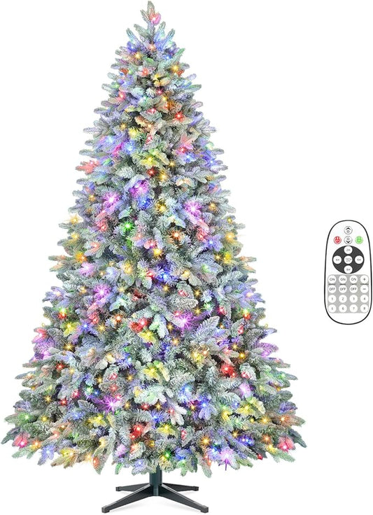9FT Rotating Christmas Tree with Remote, Pre-Lit Artificial Green PE & PVC Xmas Tree, Multicolor LED Lights with Music & Flash Modes, Deluxe Holiday Home Decor