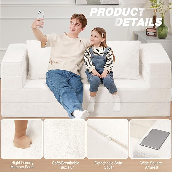 Folding Bean Bag Chair for Adults,3-in-1 Bean Bag Couch Faux Fur Floor Sofa Large Beanbag Convertible Bean Bag Sofa Bed with Pillow in Bedroom,Living Room,Apartment(Queen,Milky White)