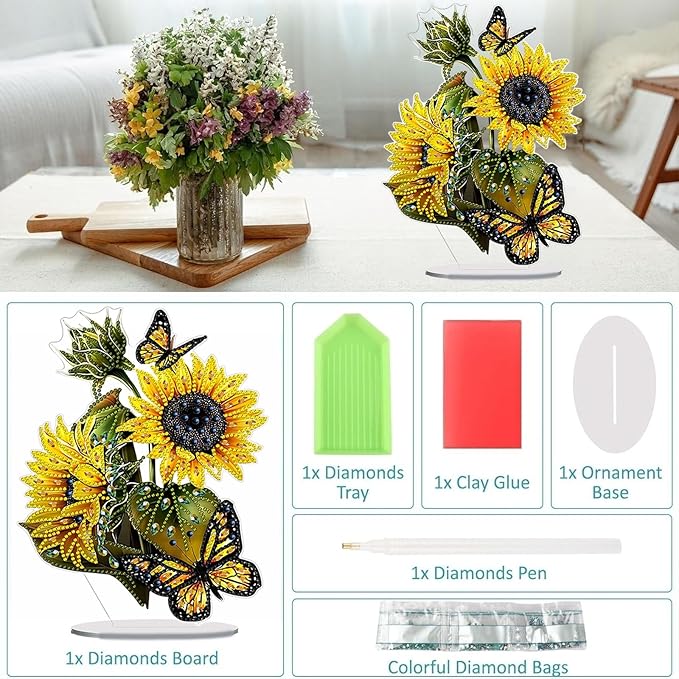 Diamond Painting Kits for Adults Beginners, 5D Full Drill Sunflower Butterfly Crystal Art Desktop Ornament, DIY Single Sided Home Office Desk Decor, Creative Craft Gift Set with Tools