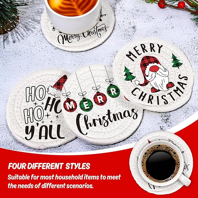 Whaline 4Pcs Merry Christmas Cup Coasters Handmade Braided Cotton Drink Coasters Xmas Buffalo Plaid Anti Slip Absorbent Tabletop Protection for Home Office Party Tableware, 4.3 × 4.3 inch