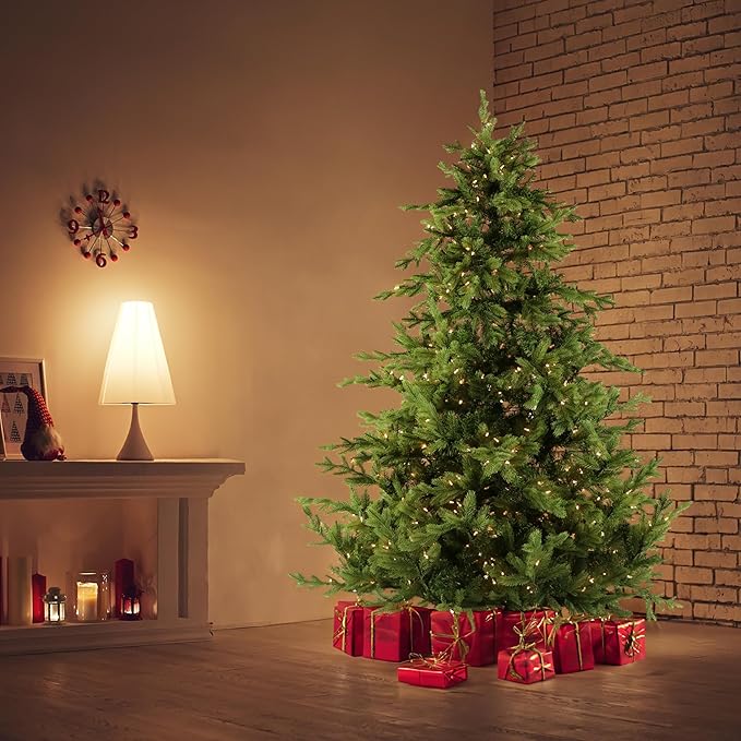 Fraser Hill Farm 9-Ft. Foxtail Pine Artificial Christmas Tree with Warm White LED Lights and Stand, Prelit Foldable Fake Tree with Realistic Foliage for Home Decoration