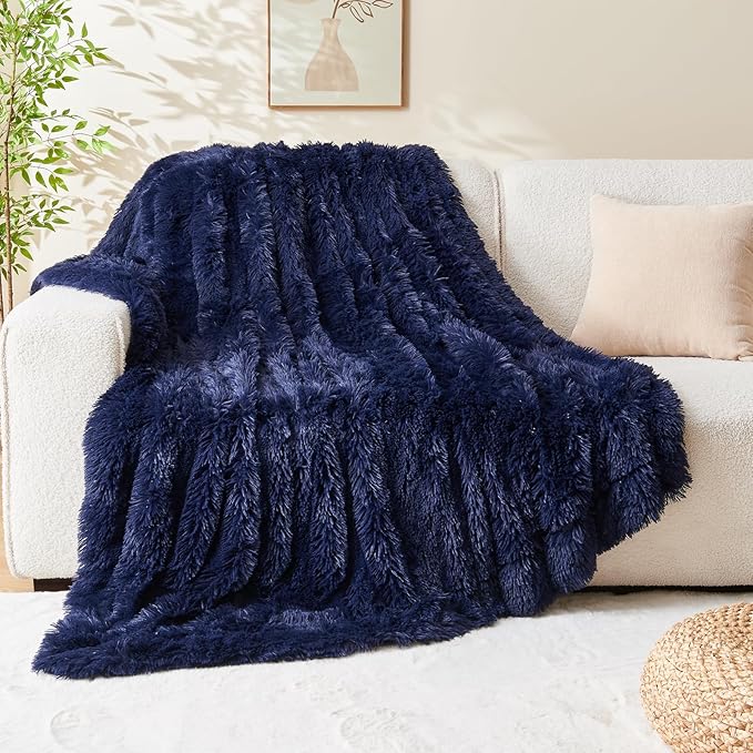 GONAAP Fuzzy Faux Fur Throw Blanket Twin Size Dark Navy Super Soft Cozy Plush Fuzzy Shaggy Blanket for Couch Sofa Bed (Dark Navy, Twin(60"x80"))