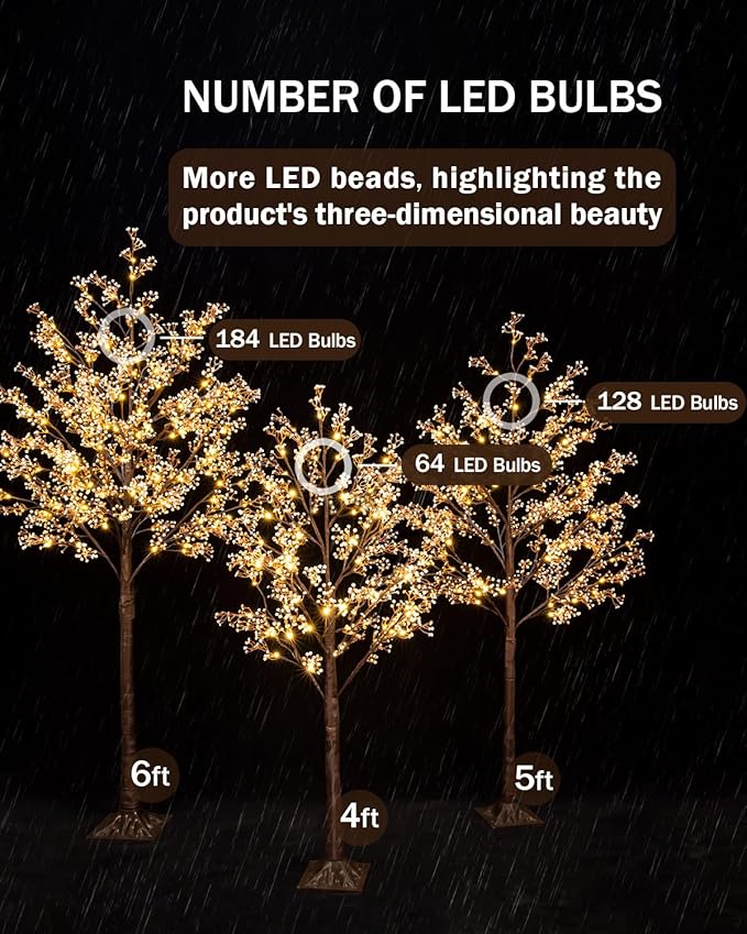 5ft Lighted Baby's Breath Tree with 128 Warm White LED Lights for Holiday Decor - Dimmable, UL Certified, Waterproof - Ideal for Indoor and Outdoor Decoration