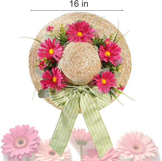 Dilicoming Spring Wreaths for Front Door - 16 Inch Spring Summer Hat Wreath with Artificial Flower, Gift for Women, Indoor Outdoor Wreaths for Wall, Window, Farmhouse, Party, Holiday Home Décor