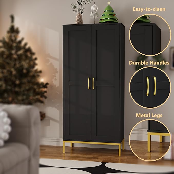 Tall Storage Cabinet, Kitchen Pantry Cabinet with 2 Doors & Adjustable Shelves for Laundry Room, Living Room, Entryway,Bathroom,Black