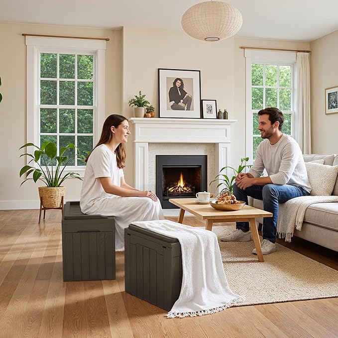 JUMMICO 31 Gallon Resin Deck Box Waterproof Indoor Outdoor Storage Boxes for Patio Furniture Cushions and Garden Tools (Brown, 31gallon-2 Packs)