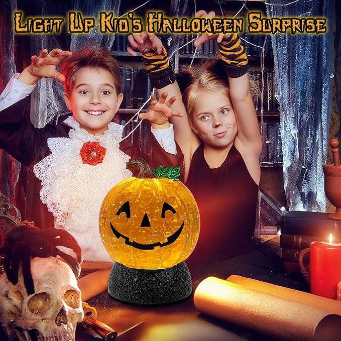 Halloween Snow Globe Lantern Pumpkin Lighted Halloween Snow Globes Battery Operated or USB Powered with 6H Timer Musical Snow Globe Glitter for Spooky Party Home Table Decorations (Pumpkin)