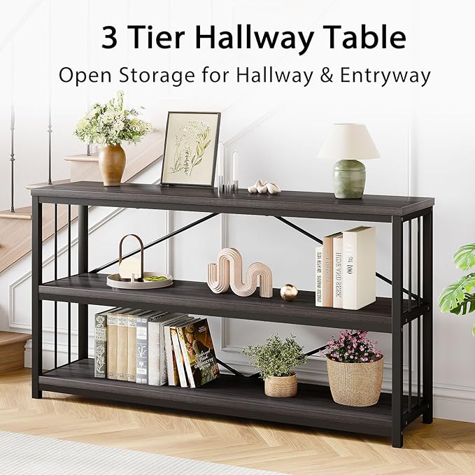 LVB Industrial Console Table, Metal and Wood Sofa Table, Rustic Entryway Table with Storage, Modern 3 Tier Shelf Long Foyer Tables Behind Couch for Home Living Room Hallway, Dark Gray Oak, 55 Inch