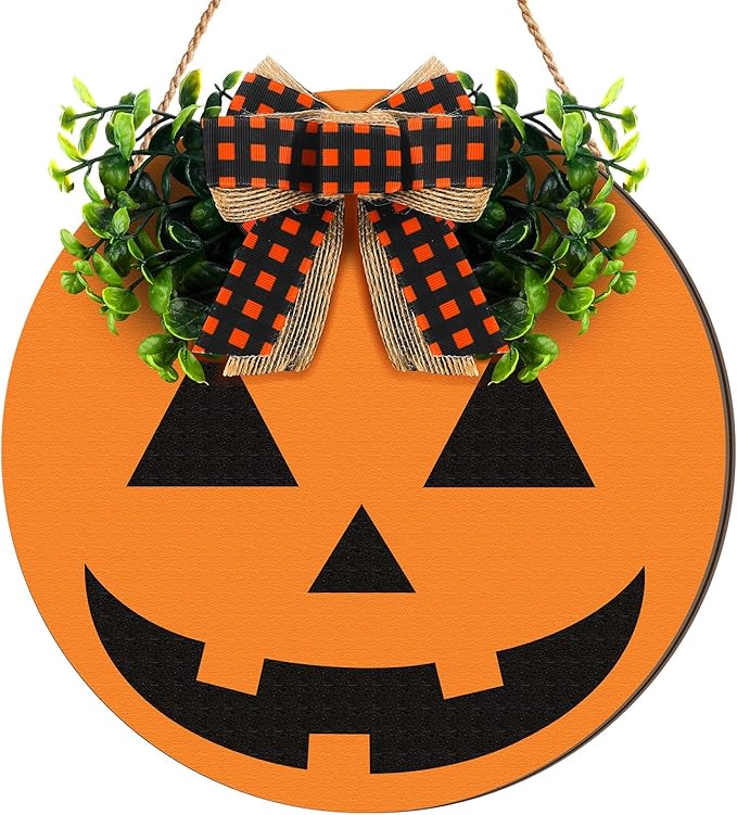 Halloween Wreaths for Front Door Ghost Door Hanger Wooden Hanging Sign 11.8 x 11.8 Inch Pumpkin Welcome Wreath Sign for Wall Porch Outside Farmhouse Home Indoor