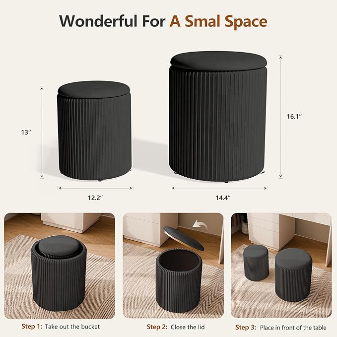 Ottoman with Storage Set of 2, Velvet Storage Ottoman, Upholstered Sponge Vanity Stool Support 300lbs, Multifunctional Coffee Table Foot Rest Ottomans for Living Room Bedroom, White