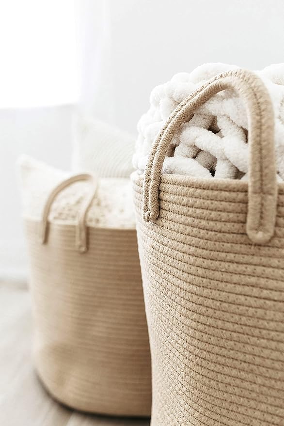 OrganiHaus Large Laundry Basket, Woven Cotton Rope Basket for Blankets, Toy Storage, Nursery Hamper, Living Room Decor Organizer, Soft & Durable Hamper with Handles, 20x13 inches - Honey