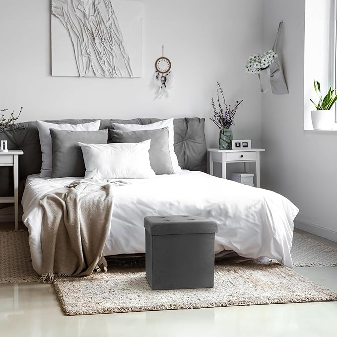 Sorbus Storage Ottoman Bench – Collapsible/Folding Bench Chest with Cover – Perfect Toy and Shoe Chest, Hope Chest, Pouffe Ottoman, Seat, Foot Rest, – Contemporary Faux Suede (Gray)