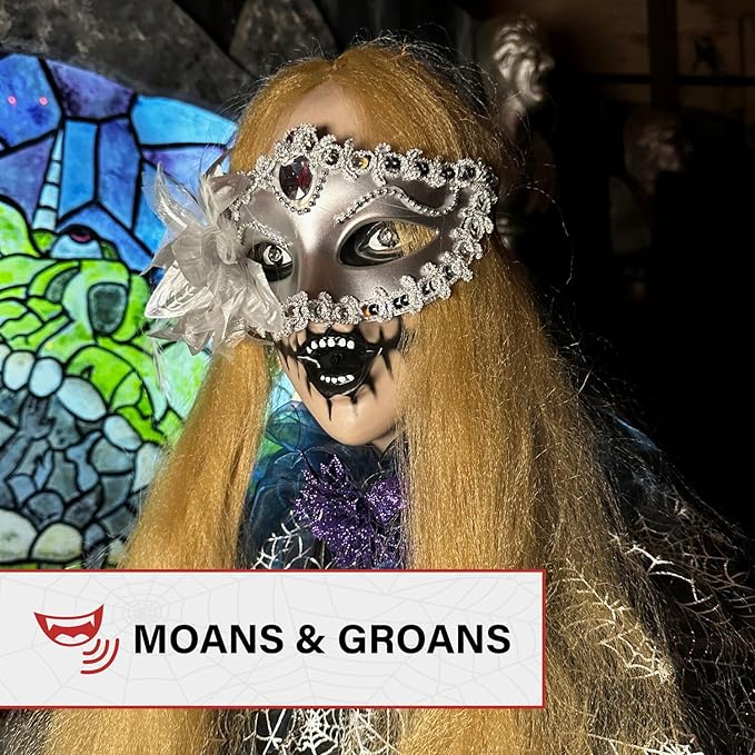 Haunted Hill Farm 5.5-Ft Animatronic Animated Standing Masquerade Lady, Halloween Animatronic, Spooky Venetian Masquerade Prop, Creepy House Party Decoration, Touch-Activated Lights & Sound, Life-Size