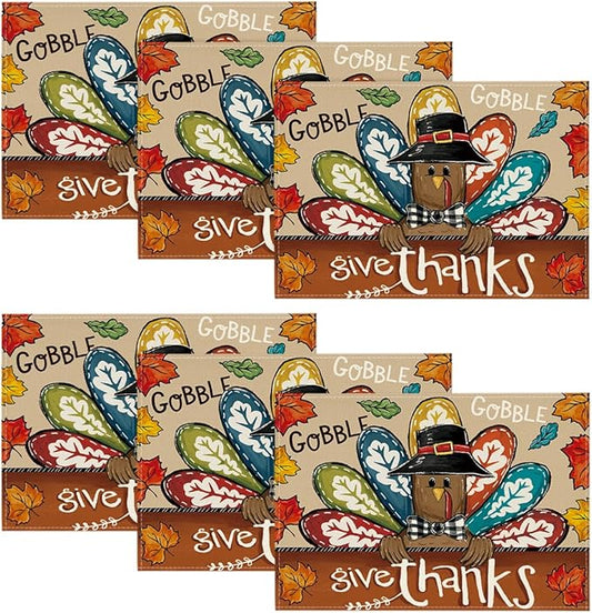 Artoid Mode Turkey Give Thanks Thanksgiving Placemats Set of 6, 12x18 Inch Seasonal Table Mats for Party Kitchen Dining Decoration