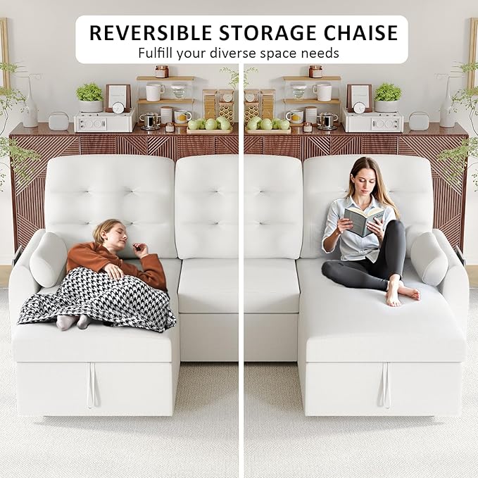 Ucloveria Sleeper Sofa Bed, 86" Convertible Sectional Sofa Couches for Living Room, 4 in 1 Pull Out Couch Bed with Reversible Storage Chaise | USB Ports | Side Pockets | Removable Backrest