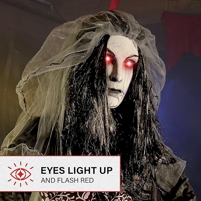 Haunted Hill Farm Rising Ghost Bride by Tekky, Battery-Operated, Sound Activated Animatronic with Sound Effects and Lights for Indoor or Covered Outdoor Creepy Halloween Decoration