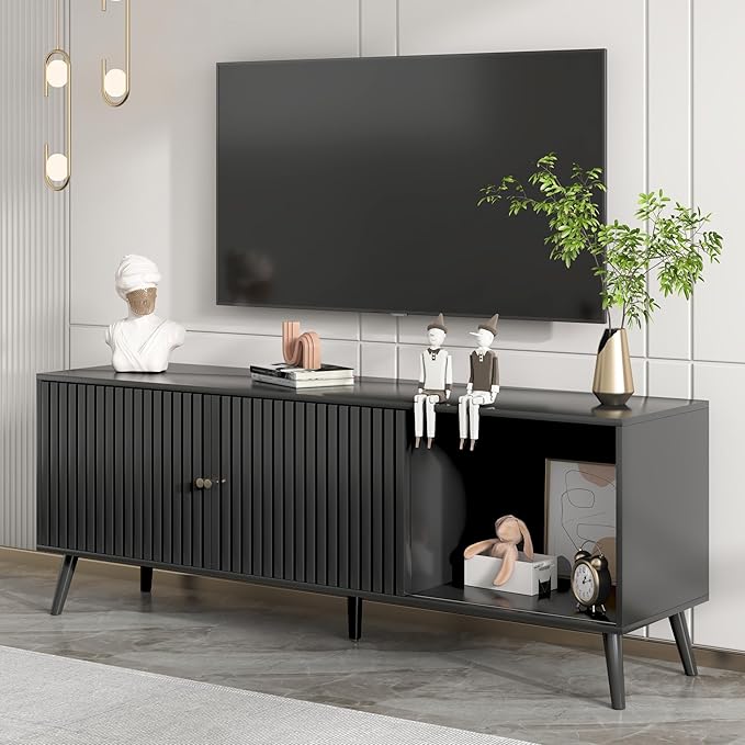 Mid Century Modern TV Stand for Televisions up to 70 Inches, with Sliding Doors and Storage, Television Stands, TV Consoles, Media Consoles for Living Room, 63 Inch (Black)