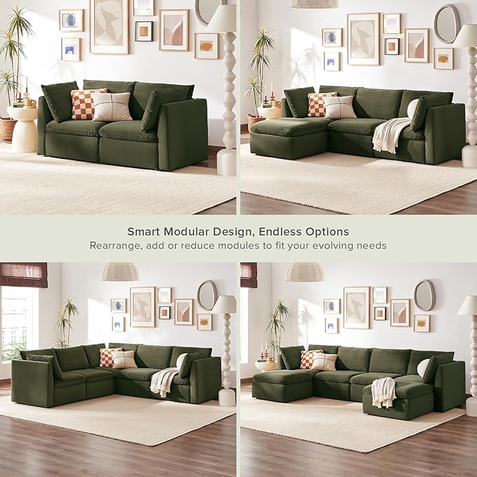 mopio Oversized Modular Sectional Sofa with Fully Removable Covers and Storage, Convertible U, L-Shaped and Sleeper Sectional, Modern Couches with Ottoman Chaise (Olive Green Velvet, Loveseat)