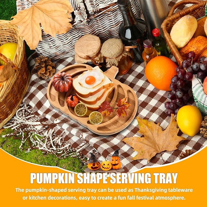 AWIZOM Pumpkin Wooden Serving Platter Thanksgiving Bamboo Serving Tray Wooden Snack Cheese Charcuterie Board Sectional Wood Halloween Dish Plate for Fall Autumn Harvest Party Supply,14.96x11.58x0.79