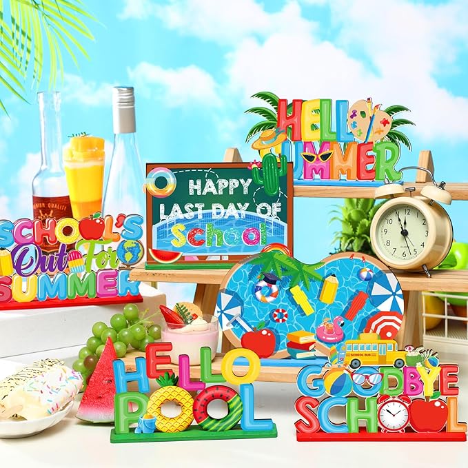 6 Pcs Hello Summer Table Decoration Happy Last Day of School Table Sign School's out of Summer Vacation Pool Wooden Tabletop Centerpieces for Holiday Party Supplies Home Decor