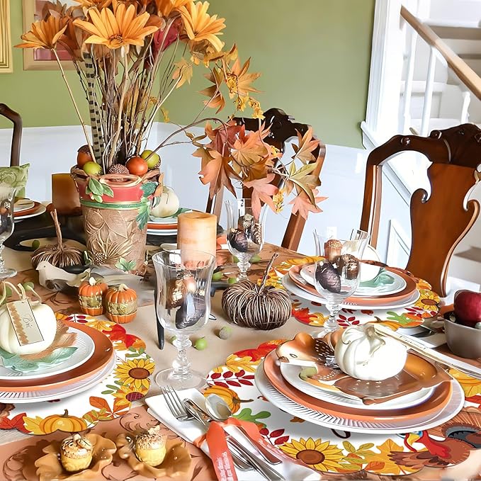 50Pcs Thanksgiving Fall Round Paper Placemats,13.4 Inch Pumpkin Turkey Disposable Placemats Autumn Maple Leaves Round Table Mats for Harvest Birthday Thanksgiving Party Supplies
