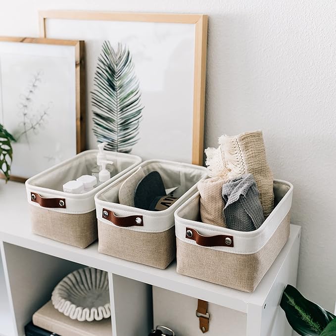 OrganiHaus Small Fabric Storage Baskets for Shelves 3 Pack, 12x8in Closet Storage Bins for Shelves, Cloth Baskets for Organizing, Linen Closet Organizers, Fabric Basket, Beige/White