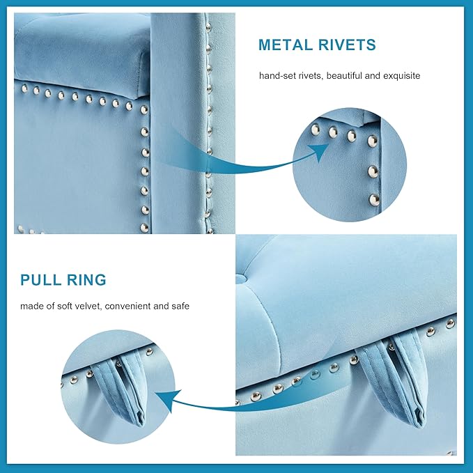 Storage Ottoman Bench, Velvet Upholstered Footstool for Bedroom and Living Room, Tufted Seat with Storage, Wooden Legs & Metal Rivets, Light Blue