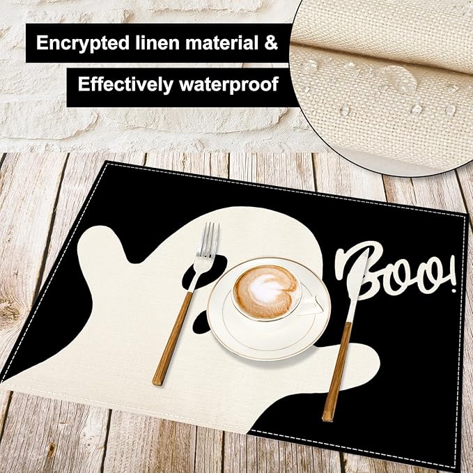 Halloween Ghost Placemats Black Cute Ghost Boo Table Mats 12 x 18 Inch Trick or Treat Kitchen Place Mats for Party Home Dining Table Decoration, Set of 4