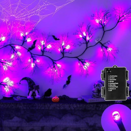 6 Ft 45 LED Willow Vine Twig Decor Black Halloween Garland with Purple Lights, Timer 8 Modes Waterproof Battery Operated Indoor Halloween Decorations for Wall Fireplace Mantle Home Office Party Decor