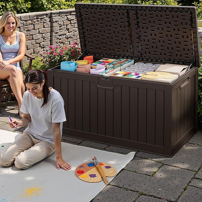 JUMMICO 250 Gallon Outdoor Resin Deck Box with Divider, Waterproof Storage Box with Lockable Lid&Side Handles for Garden Tools, Pools Supplies (Brown)