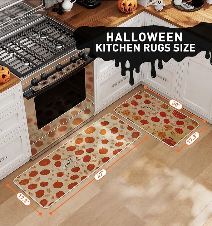Halloween Kitchen Mat Set of 2, Pumpkin Kitchen Halloween Decor, Fall Decorations for Home, Halloween Rug for Floor,Indoor Home Decor with Non-Slip Backing,17 x 29 Inch & 17 x 47 Inch