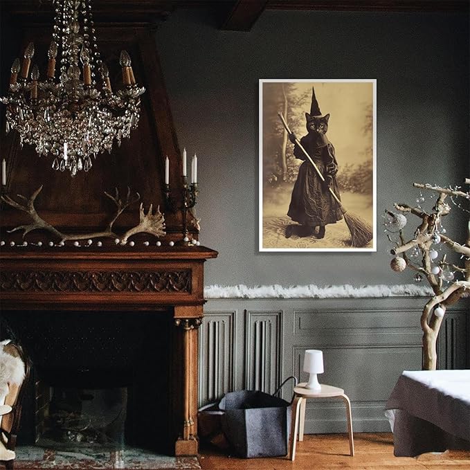 Halloween Decor Posters Black Cat Witch Canvas Wall Art Vintage Spooky Print Of Gothic Room Family Dark Academia Decorations Creepy Picture Poster Aesthetic 16X24inch Unframed