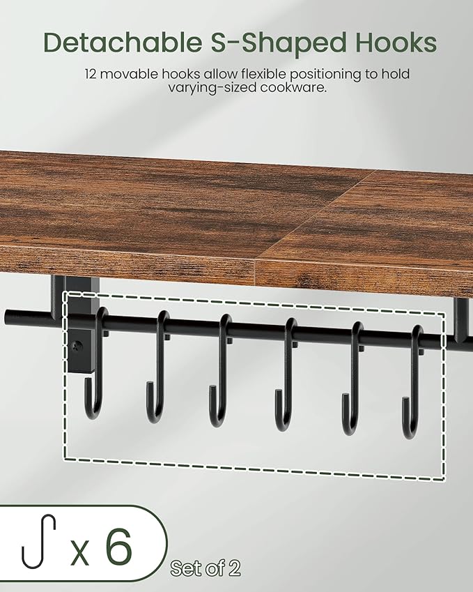 Wall-Mounted Pot Racks, Set of 2 Hanging Pot Rack, Floating Shelves, Wall Shelves, Vintage Pot Hangers for Kitchen, Wall Rack for Kitchen Storage, Rustic Brown and Black TPR26P2BF