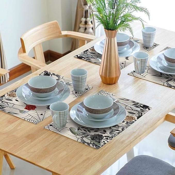 Halloween Placemats Set of 4 12x18 Inch Vintage Black Floral Bat Spider Web Washable Non-Slip Heat Resistant Place Mats Rustic Table Mats for Party Kitchen Dining Room Decor