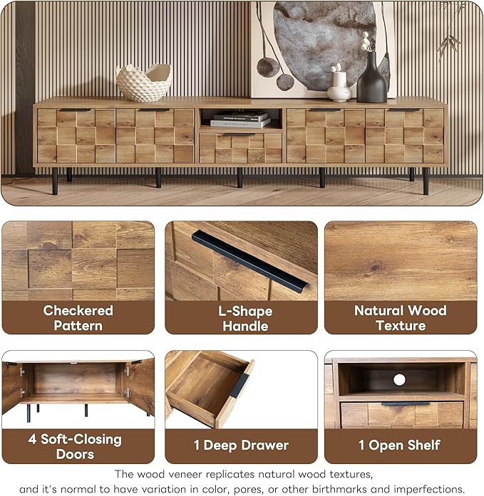 Modern TV Stand for TVs up to 85", Mid-Century Media Console with Checkered Cabinet Doors, Storage Drawers & Open Shelves, Wood Entertainment Center with Metal Legs