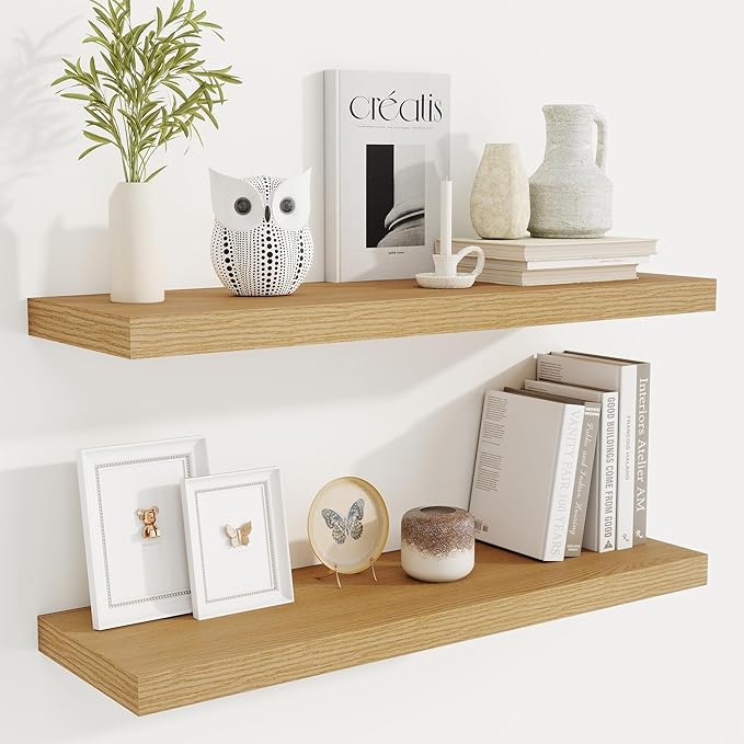 Fun Memories Floating Shelves for Wall, 32 Inch Rustic Wood Wall Mounted Shelves for Bathroom, Bedroom, Kitchen, Living Room, Deep Floating Shelves for Storage & Home Decor (Oak, Set of 2)