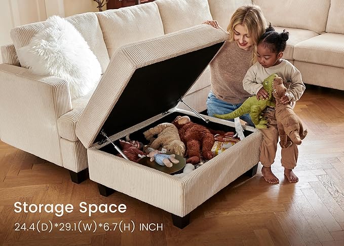 Nolany Corduroy Sectional Couch with Storage Ottoman, Sleeper Sectional Sofa with Chaise, Modular Sectional Couches for Living Room, Beige