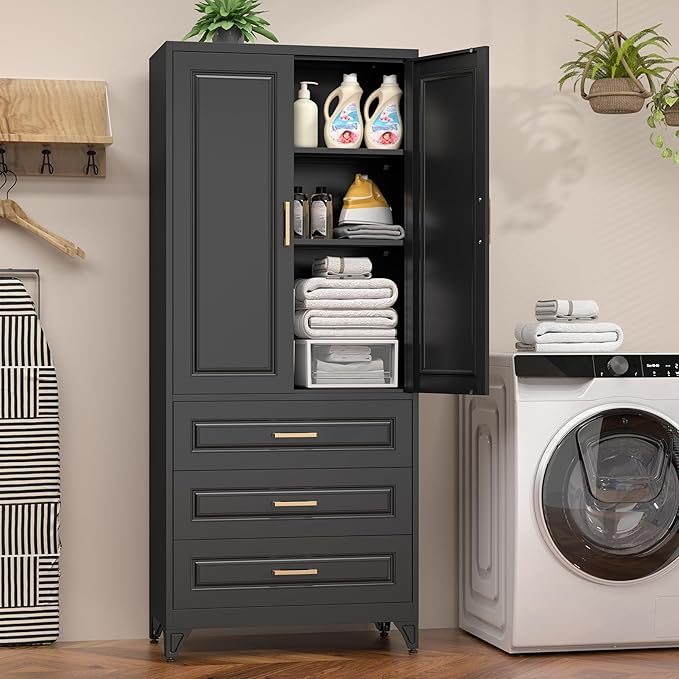 75" Kitchen Pantry Cabinet, Metal Storage Cabinets with Doors and Adjustable Shelves, Black Tall Pantry Cabinet with 3 Drawers for Dinning Living Room