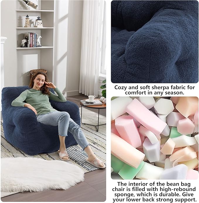 Recaceik Bean Bag Chairs, Tufted Soft Stuffed Bean Bag Chair with Filler, Fluffy Lazy Sofa, Imperial Lounger Giant Bean Bag Chair for Bedroom, Living Room, Blue, Large